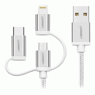 کابل تبدیل USB به IPHONE و TYPE C و MICRO USB یوگرین مدل UGREEN US186 به طول 1.5 متر