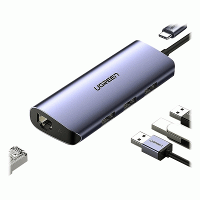 هاب 4 پورت TYPE C به USB 3.0 با پورت LAN یوگرین مدل UGREEN CM252 60717