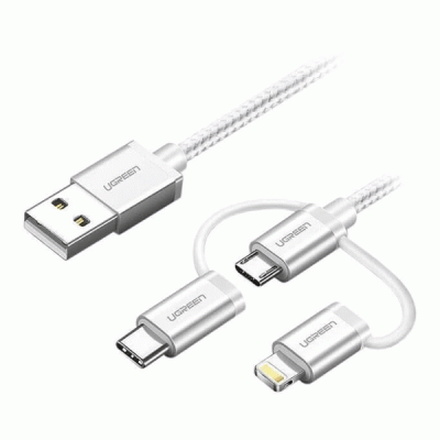 کابل تبدیل USB به IPHONE و TYPE C و MICRO USB یوگرین مدل UGREEN US186 به طول 1 متر