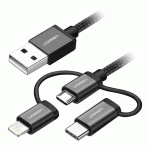 کابل تبدیل USB به IPHONE و TYPE C و MICRO USB یوگرین مدل UGREEN US186 به طول 1 متر