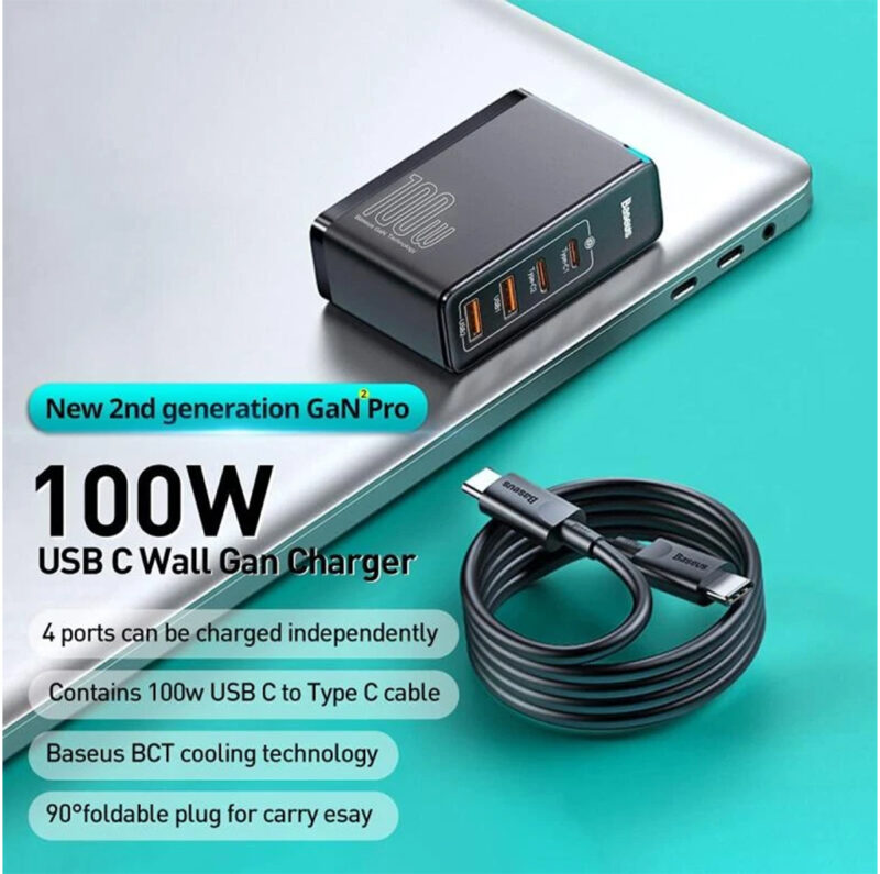 شارژر دیواری بیسوس مدل BASEUS GAN2 PRO 100W به همراه کابل تبدیل USB-C