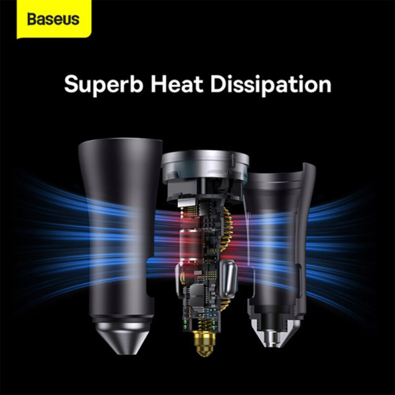 شارژر فندکی فست شارژ 40 وات بیسوس مدل BASEUS USB-C+USB-C CAR CHARGER 40W