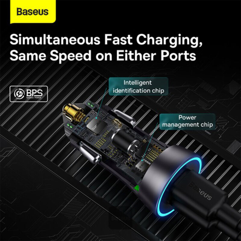شارژر فندکی فست شارژ 40 وات بیسوس مدل BASEUS USB-C+USB-C CAR CHARGER 40W