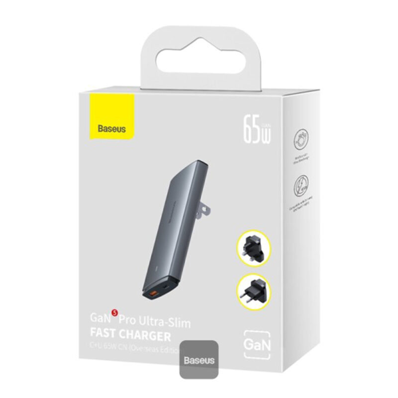 شارژر دیواری دو پورت و 65 وات بیسوس مدل BASEUS GAN5 PRO ULTRA SLIM