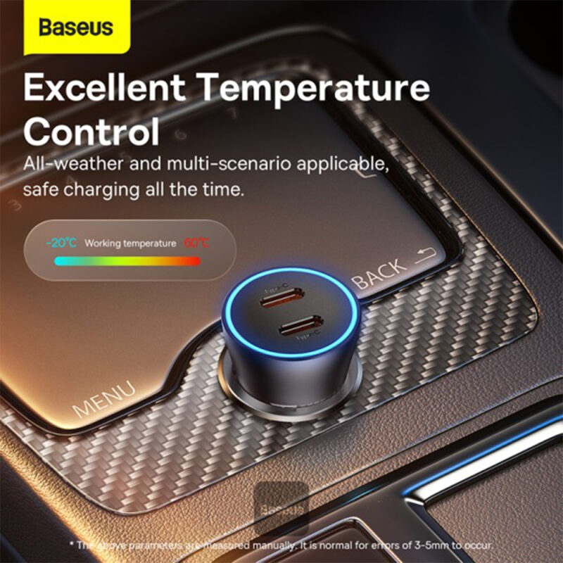 شارژر فندکی فست شارژ 40 وات بیسوس مدل BASEUS USB-C+USB-C CAR CHARGER 40W