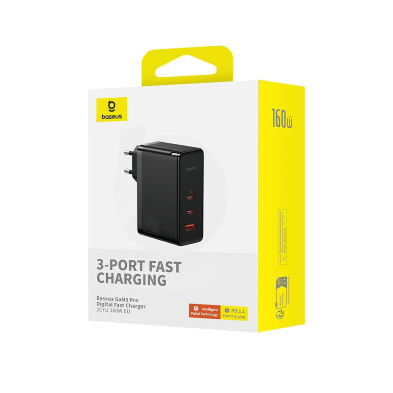 شارژر دیواری 160 وات بیسوس مدل BASEUS GAN5 PRO DIGITAL FAST CHARGER 2C+U 160E EU