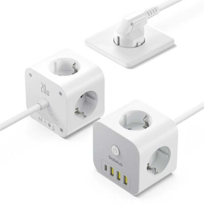 چند راهی برق سه سوکت 4000 وات بیسوس مدل BASEUS POWERCOMBO CUBE POWER STRIP 3AC+3U+1C 20W