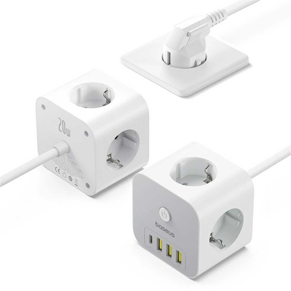 چند راهی برق سه سوکت 4000 وات بیسوس مدل BASEUS POWERCOMBO CUBE POWER STRIP 3AC+3U+1C 20W